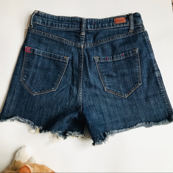 BDG Urban Outfitters Dark Wash High Rise Raw Hem Jean Shorts - Picture 6 of 7
